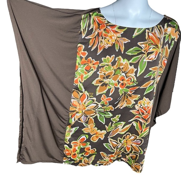 BOB MACKIE Wearable Art Brown Green Orange Floral Print Tunic Top Womens Size 2X - Picture 3 of 8